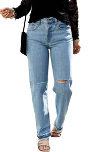 Light Blue Distressed Slit Leg Raw Edge Straight Leg Ripped Jeans