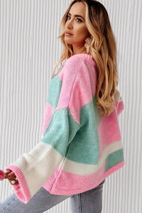 Pink Colorblock Drop Shoulder Bell Sleeve Sweater