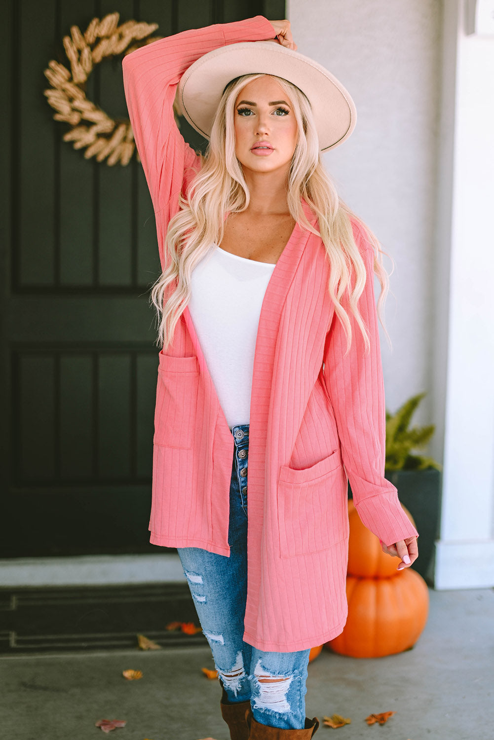 Pink Open Front Pocketed Knit Cardigan