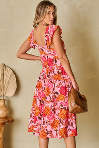 Pink Floral Square Neck Ruffled Flutter Sleeve Tiered Midi Dress