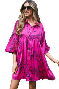 Rose Red Cheetah Print Bell Sleeve Mini Shirt Dress