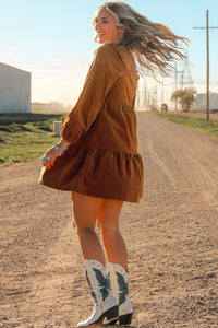 Boho Long Sleeve Dress with pockets  Chestnut Square Neck Puff Sleeve Tiered Corduroy Mini