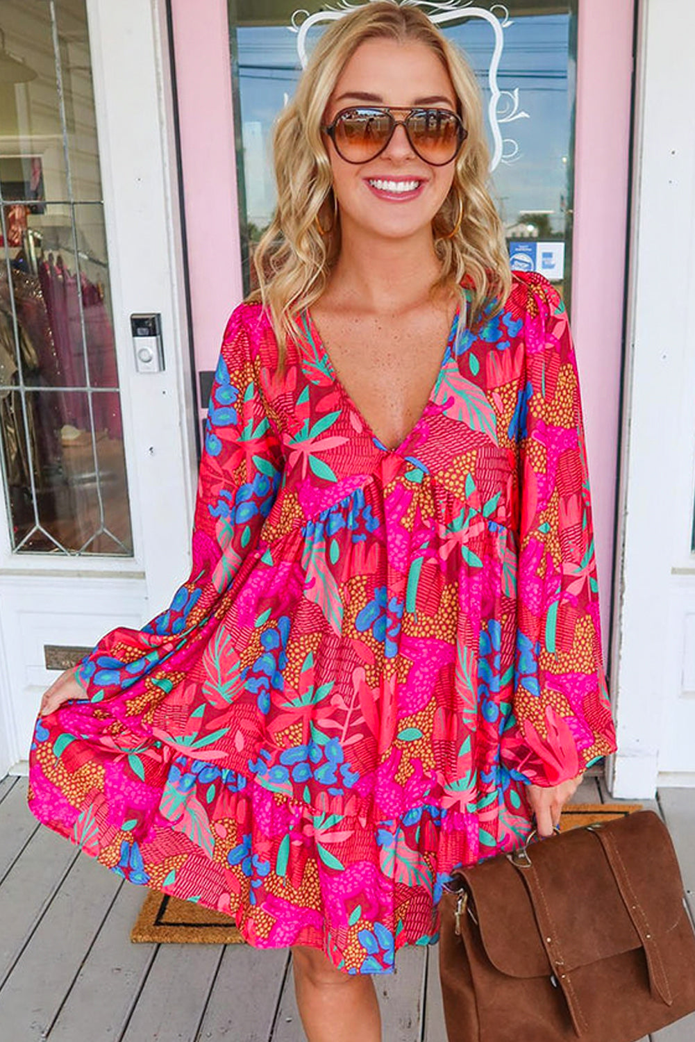 Rose Floral Print V Neck Bubble Sleeve Ruffled Mini Dress Women's Fashion Flowy Dresses