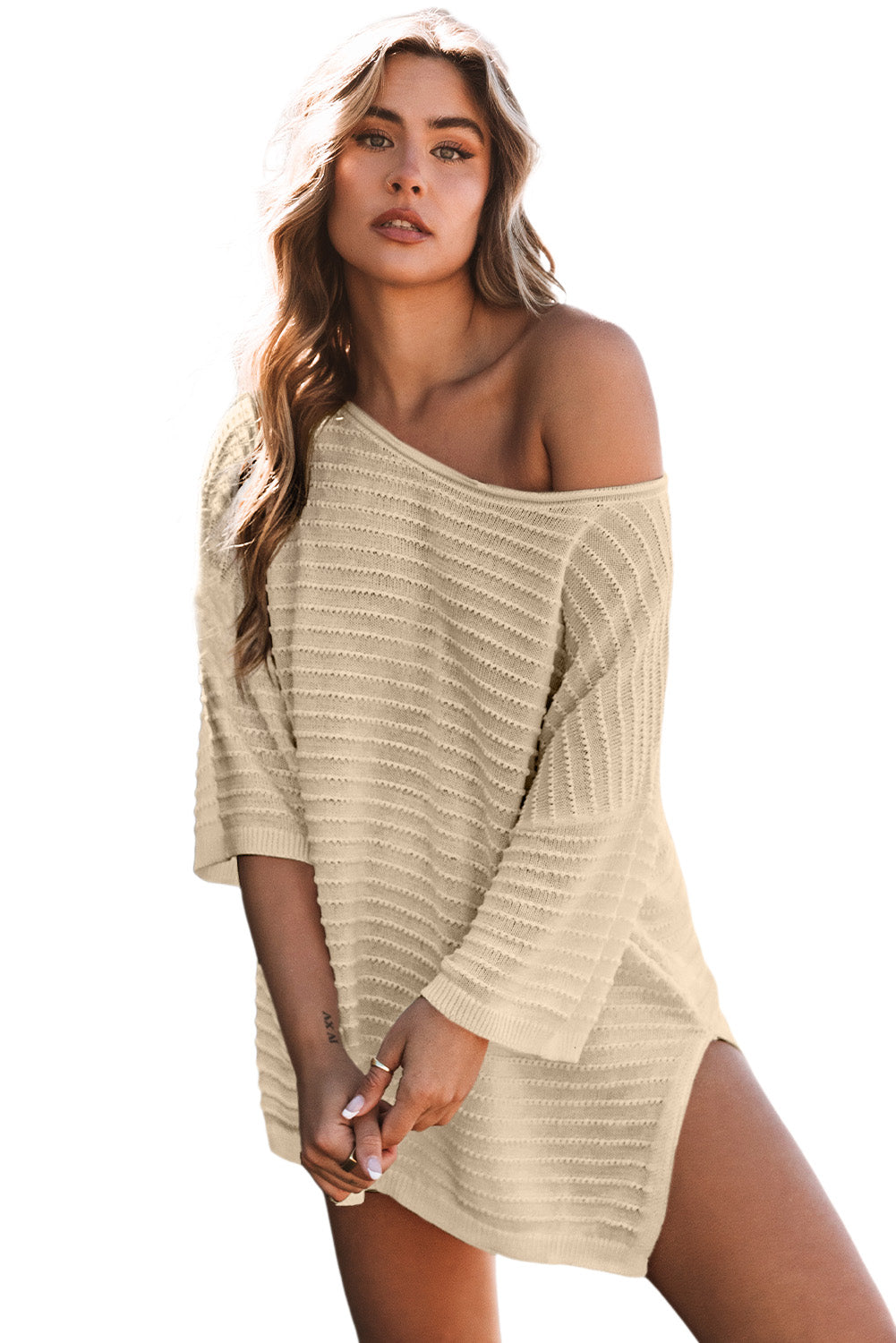 Off The Shoulder Top Apricot Textured Knit Drop Shoulder Tee