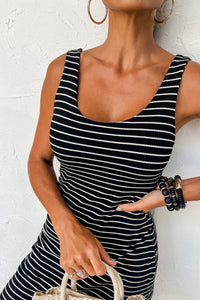 Black Stripe Ribbed Knit Sleeveless Mini Tank T shirt Mini Dress Womens Fashion