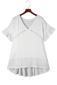 White Contrast Knit Splicing V Neck Studded Blouse