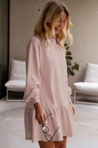 Dusty Pink Solid Color Puff Sleeve Ruffle Hem Long Sleeve Casual Sweater Mini Dress