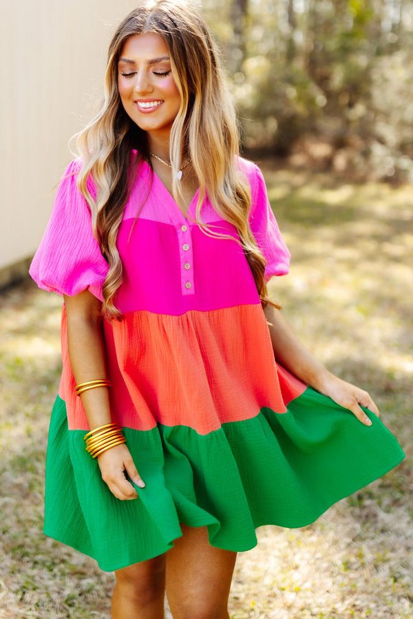 100% Cotton Dress Multicolor Color Block Tiered Puff Sleeve Casual Short