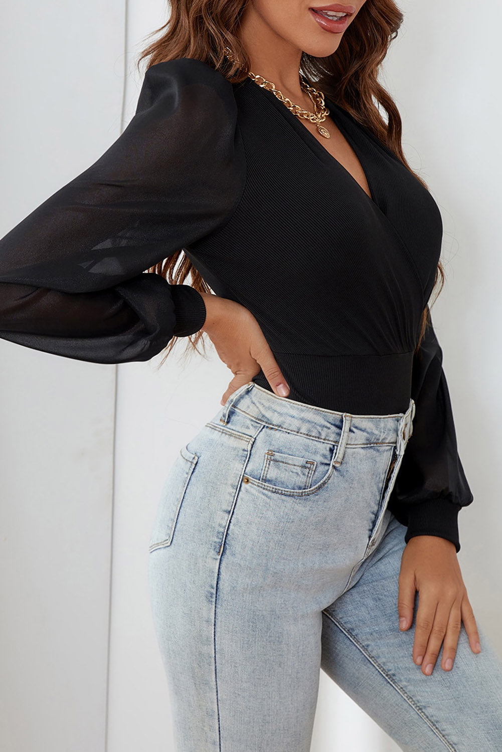 Black Solid Color V Neck Wrap Mesh Sleeves Long Sleeve Shirt, Bodysuit