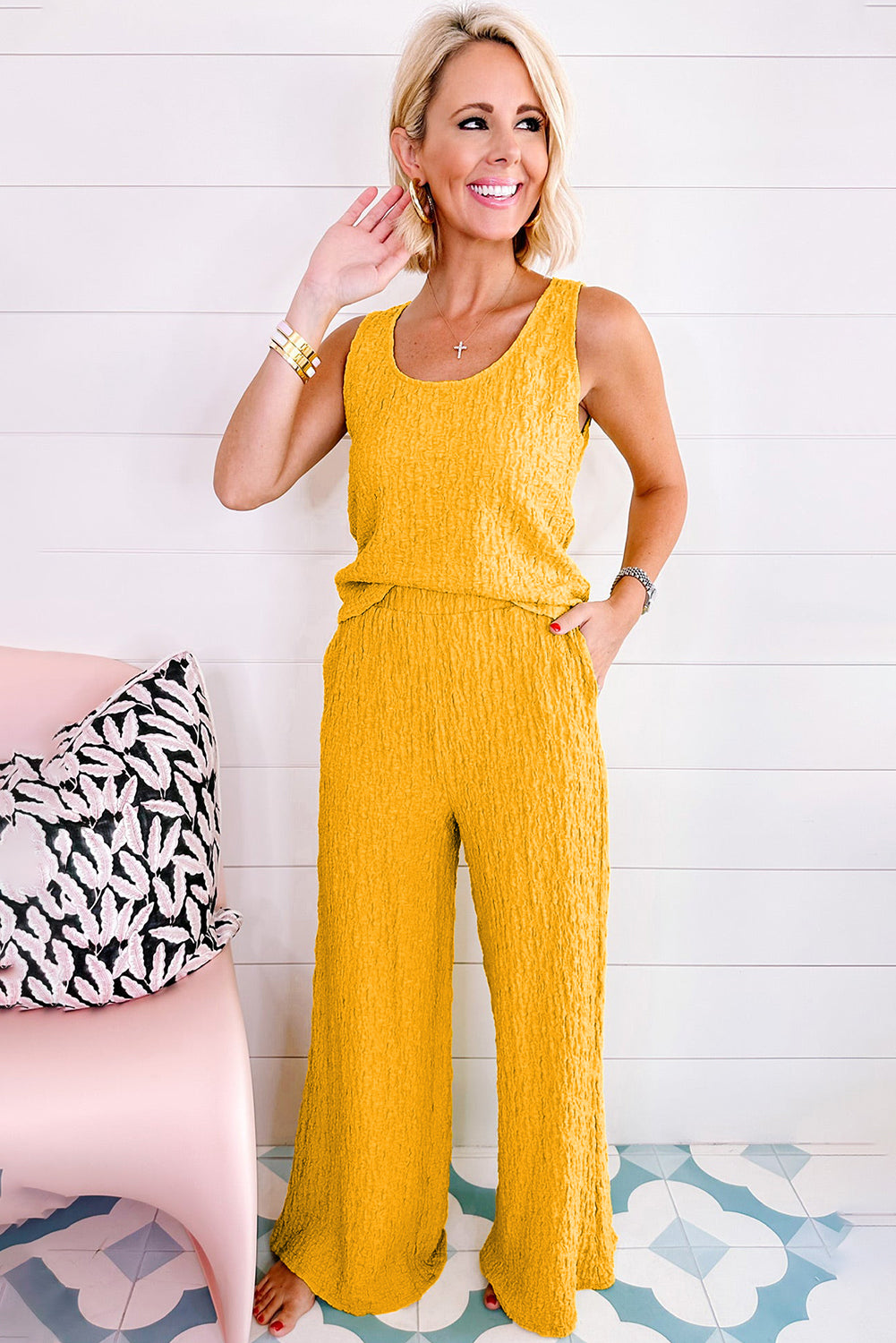 Yellow Crinkled U Neck Tank Top and Wide Leg Pants Set