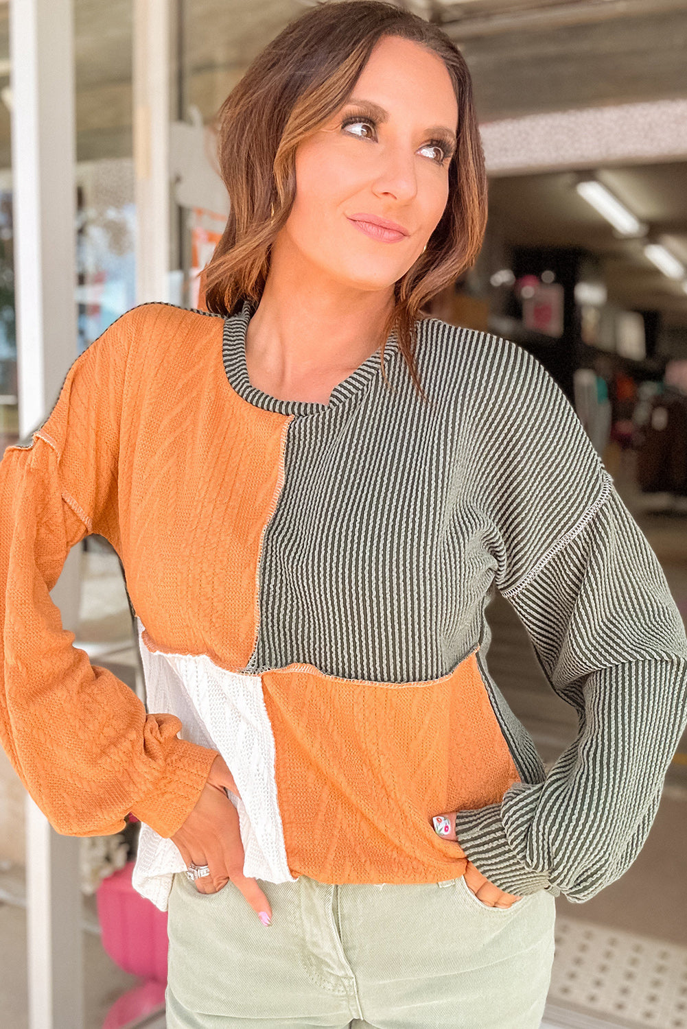 Grapefruit Orange Mixed Texture Color Block Long Sleeve Shirt Top