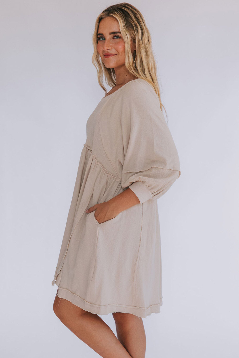 Oatmeal Dress 3/4 Sleeves High Waist Slits Short & Casual Dresses