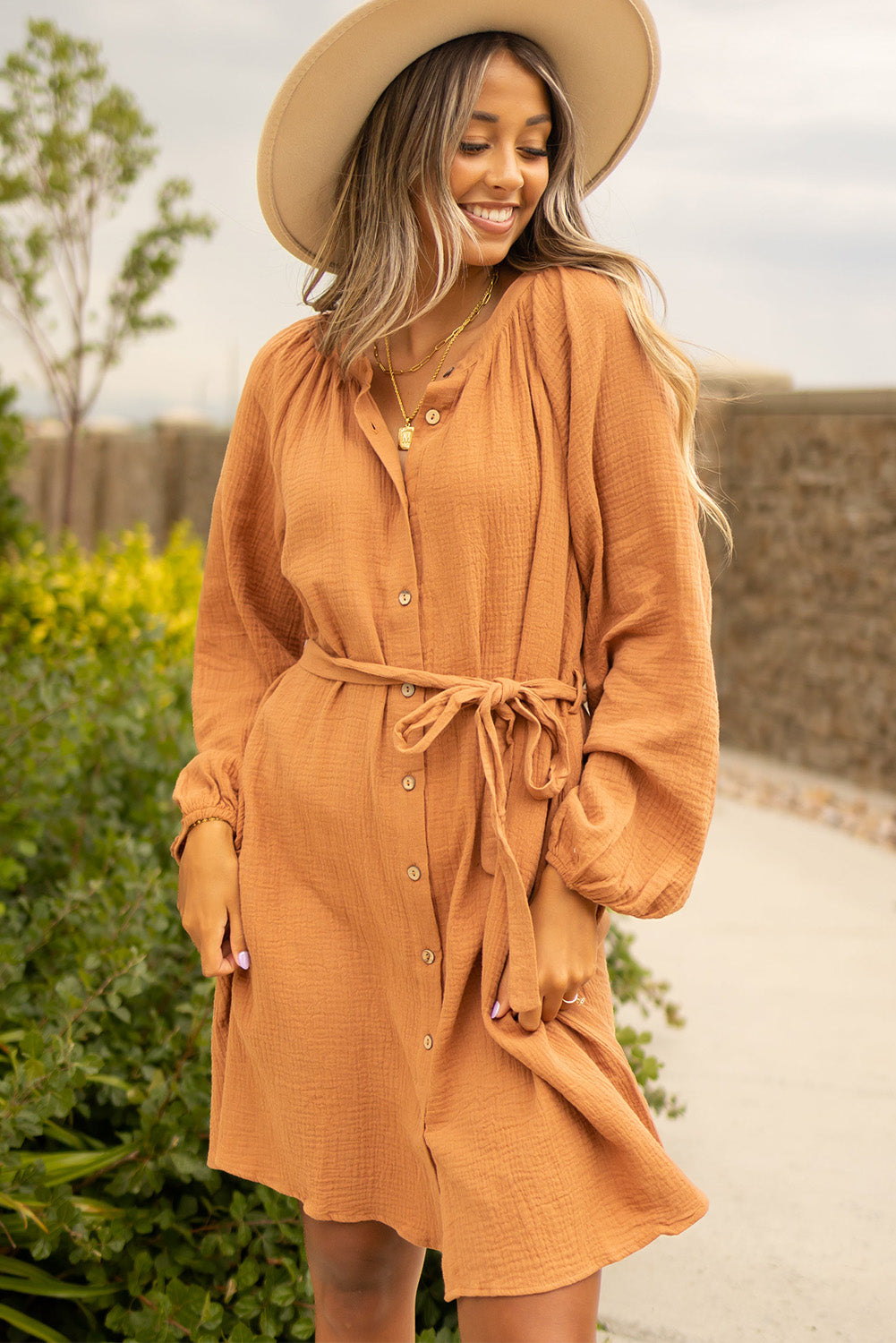 Camel Puff Sleeve Crinkled Shirt Dress