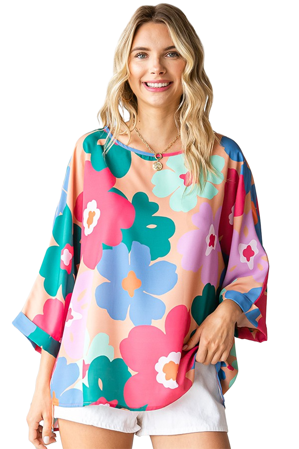 Pink Boho Floral Print Bracelet Sleeve Oversized Blouse