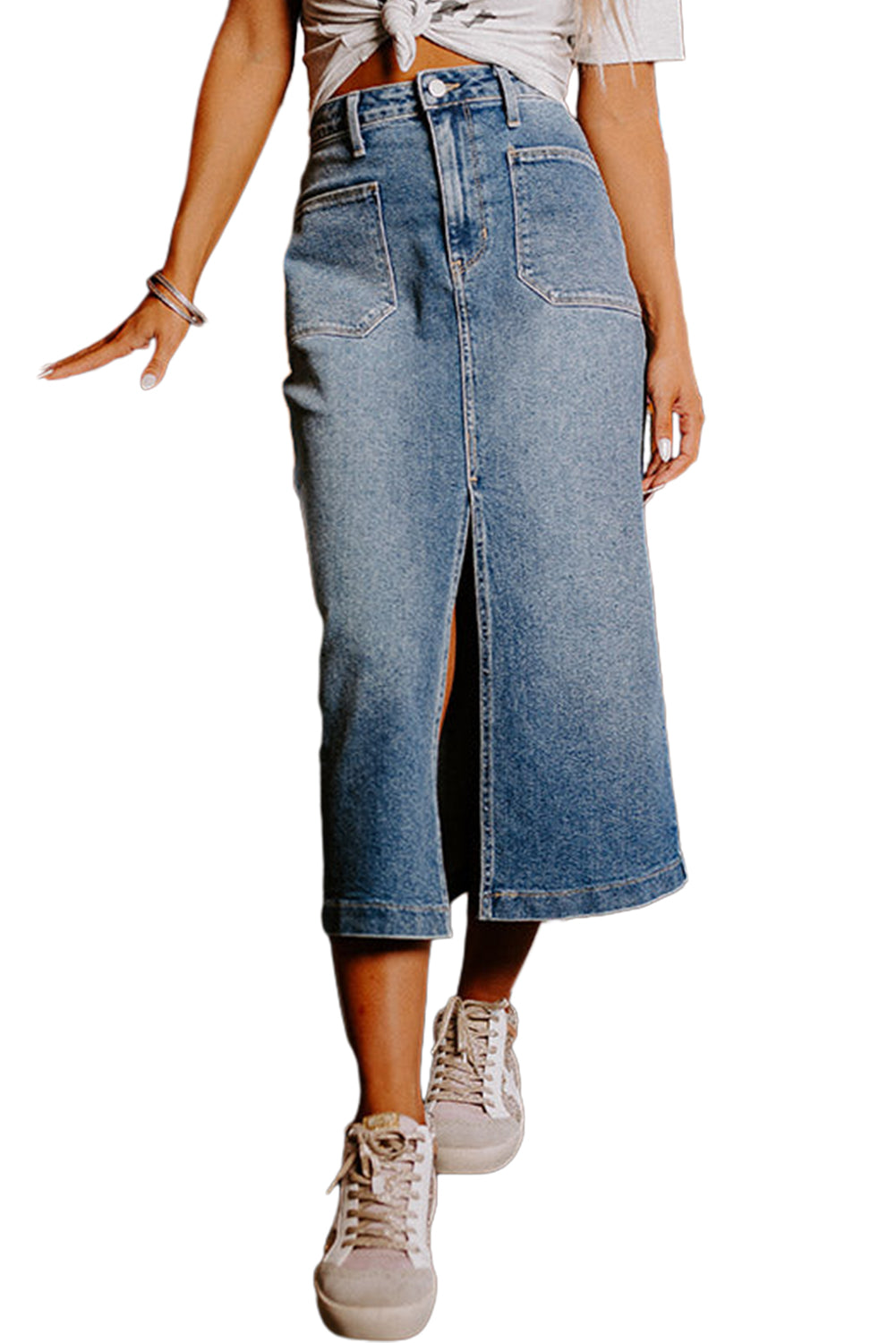 Women’s Jean Skirt with Pockets Front Slit Midi Denim Skirt