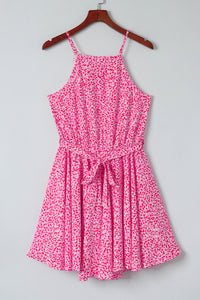 Pink Leopard Print Sleeveless Mini Dress with Waist Tie