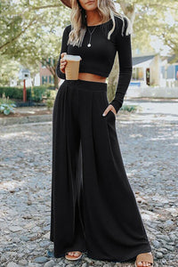 Womens Fashion Outfit Set Black Solid Color Ribbed Crop Top Long Flowy Pants Set