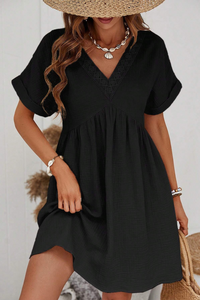 Women’s Black Dress Short Sleeve Lace V Neck Short Flowy Casual Fashion Dresses