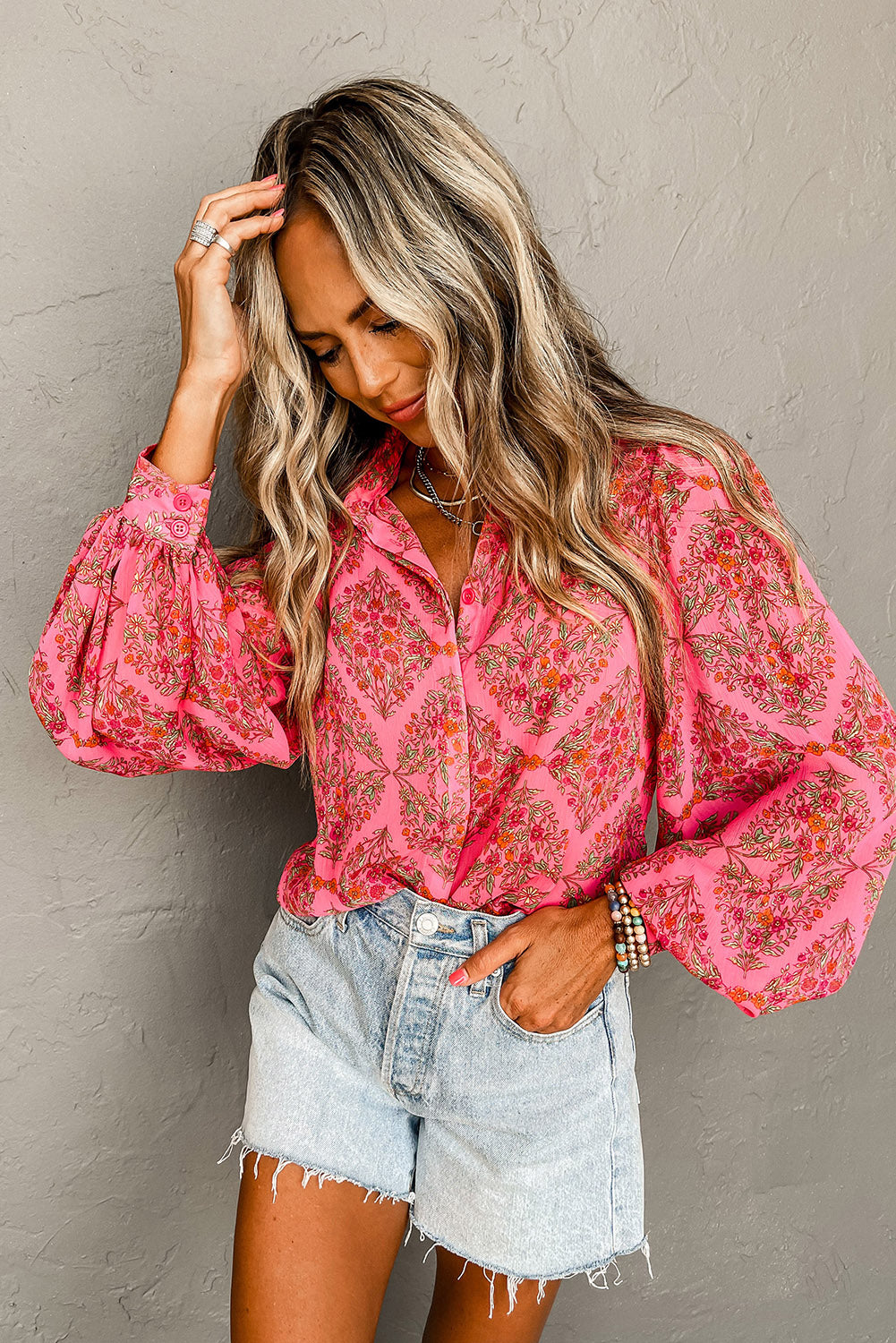 Strawberry Pink Aesthetic Floral Puff Sleeve Shirt