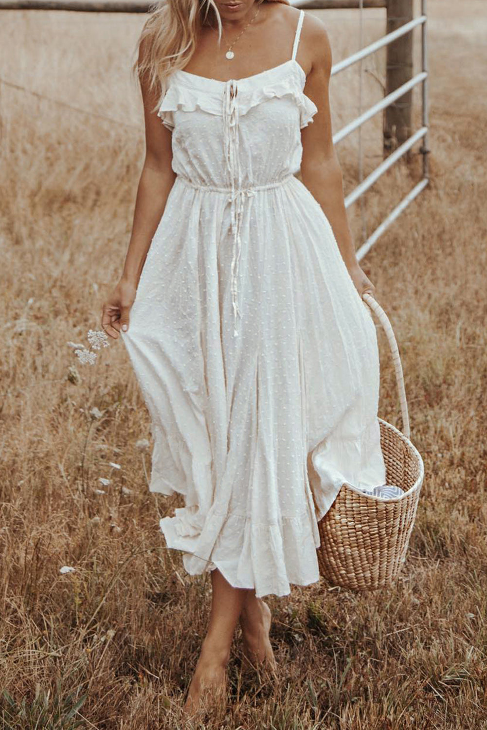 White Swiss Dot Spaghetti Straps Ruffled Maxi Dress