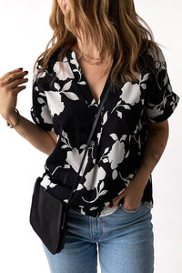 Black Floral Printed Short Sleeve Blouse Womens Casual Shirt Top