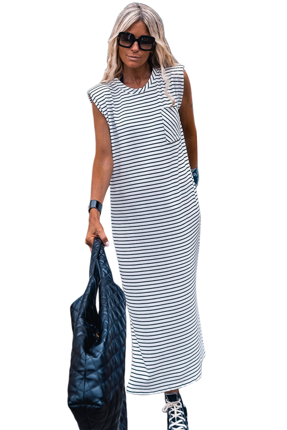 Black Stripe Chest Pocket Shoulder Padded Sleeveless Long Dress