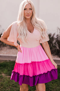 Pink Ombre Colorblock Tiered Dress