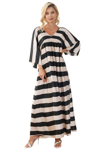 Black V Neck Kimono Sleeve Black and White Striped Maxi Long Dress