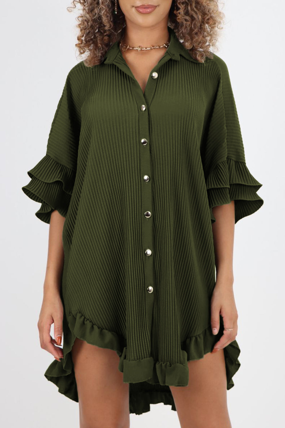 Women's Olive Green Button Down Long Blouse Moss Green High-low Hem Ruffle Sleeve Pleated Shirt Dress