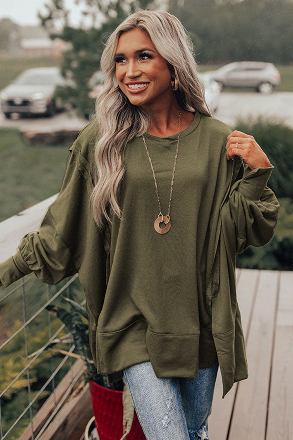 Olive Green Patchwork Drop Shoulder Oversized Top Sweater