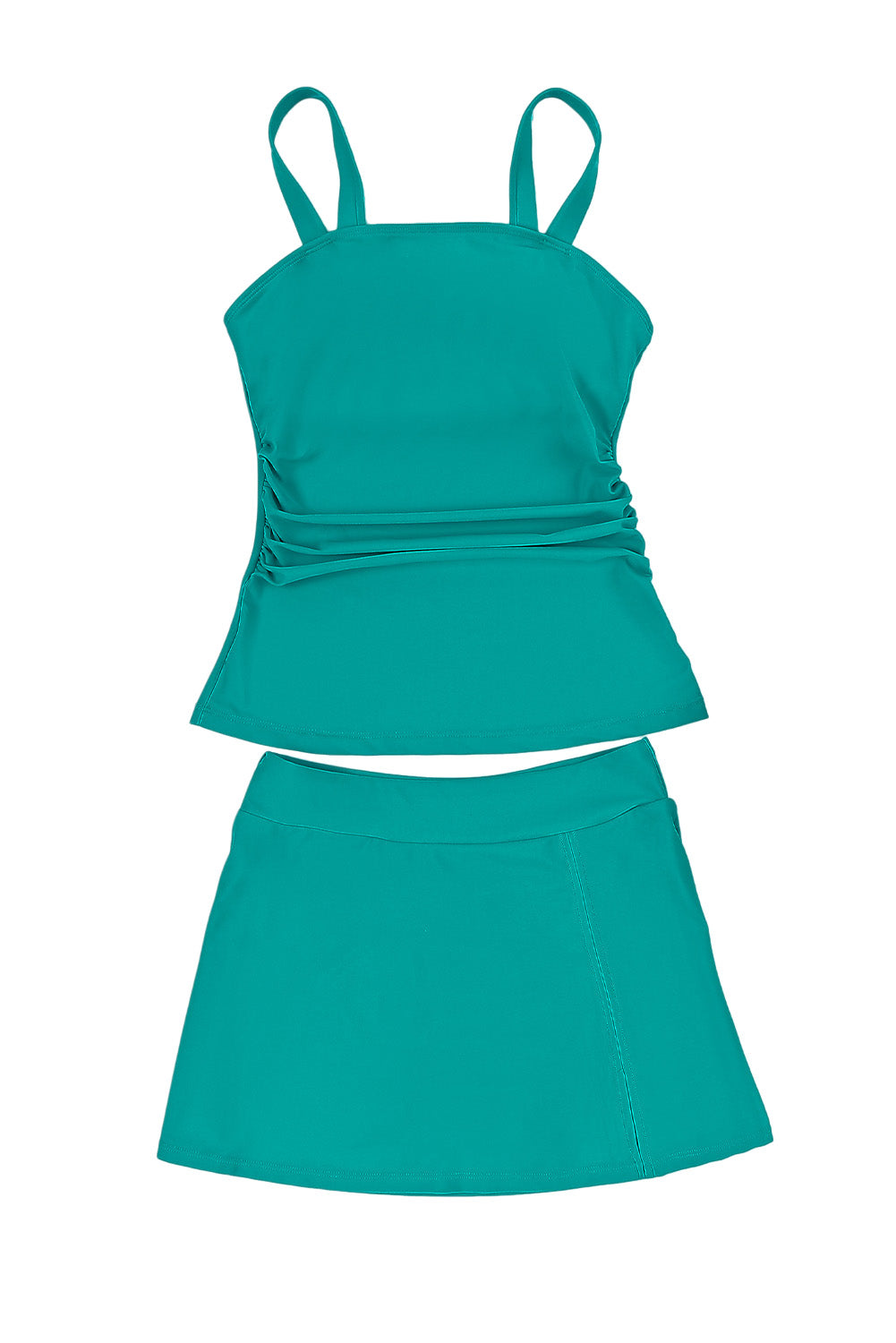 Green Solid Square Neck Sleeveless Tankini Swimsuit with Skirt and Long Swim Top