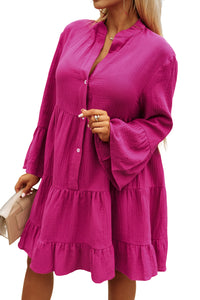 Pink Long Sleeve Casual Mini Dress  Crinkled Tiered Split Neck Shirt Dresses