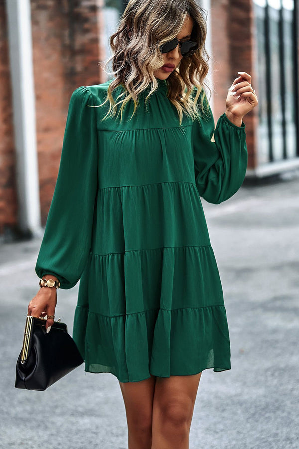 Green Puff Sleeve Mock Neck Back Knot Tiered Dress