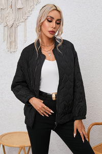 Black Solid Color Quilted Zip Up Puffer Jacket