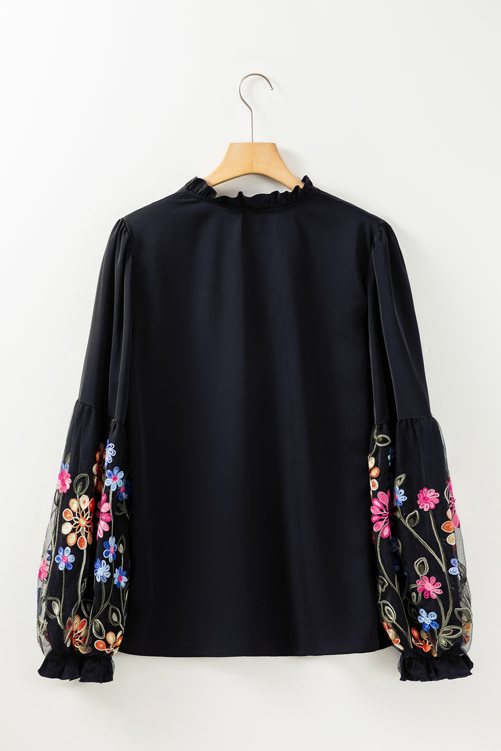 Black Floral Patched Flounce Sleeve Split Neck Blouse