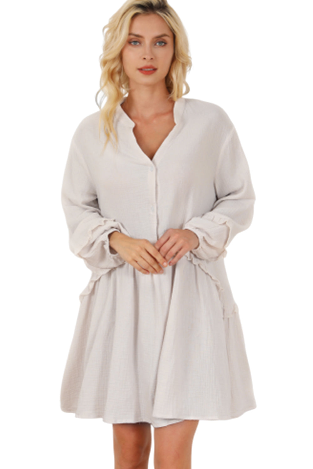 Apricot Frill Trim Half Buttoned Textured Casual Long Sleeve Dress