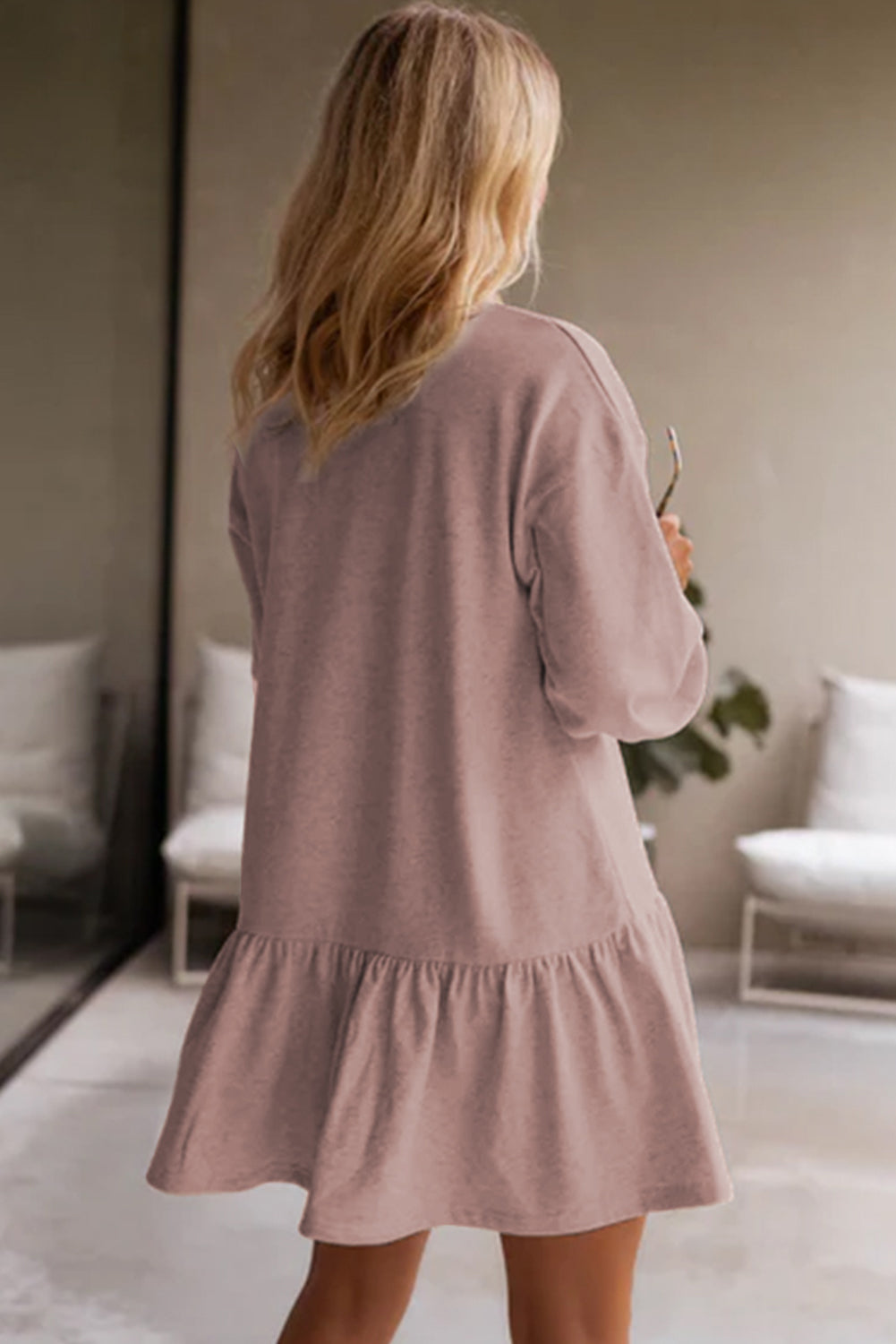 Dusty Pink Solid Color Puff Sleeve Ruffle Hem Long Sleeve Casual Sweater Mini Dress