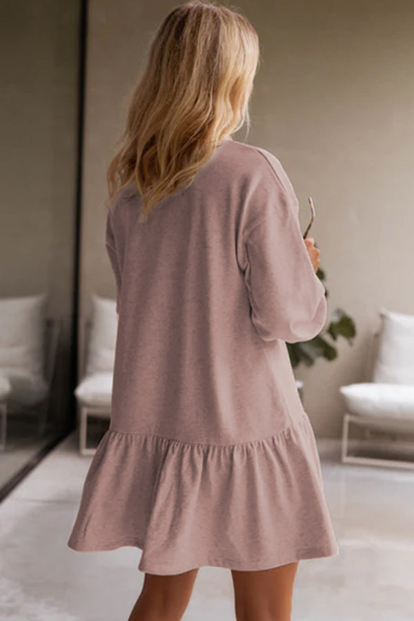 Dusty Pink Solid Color Puff Sleeve Ruffle Hem Long Sleeve Casual Sweater Mini Dress