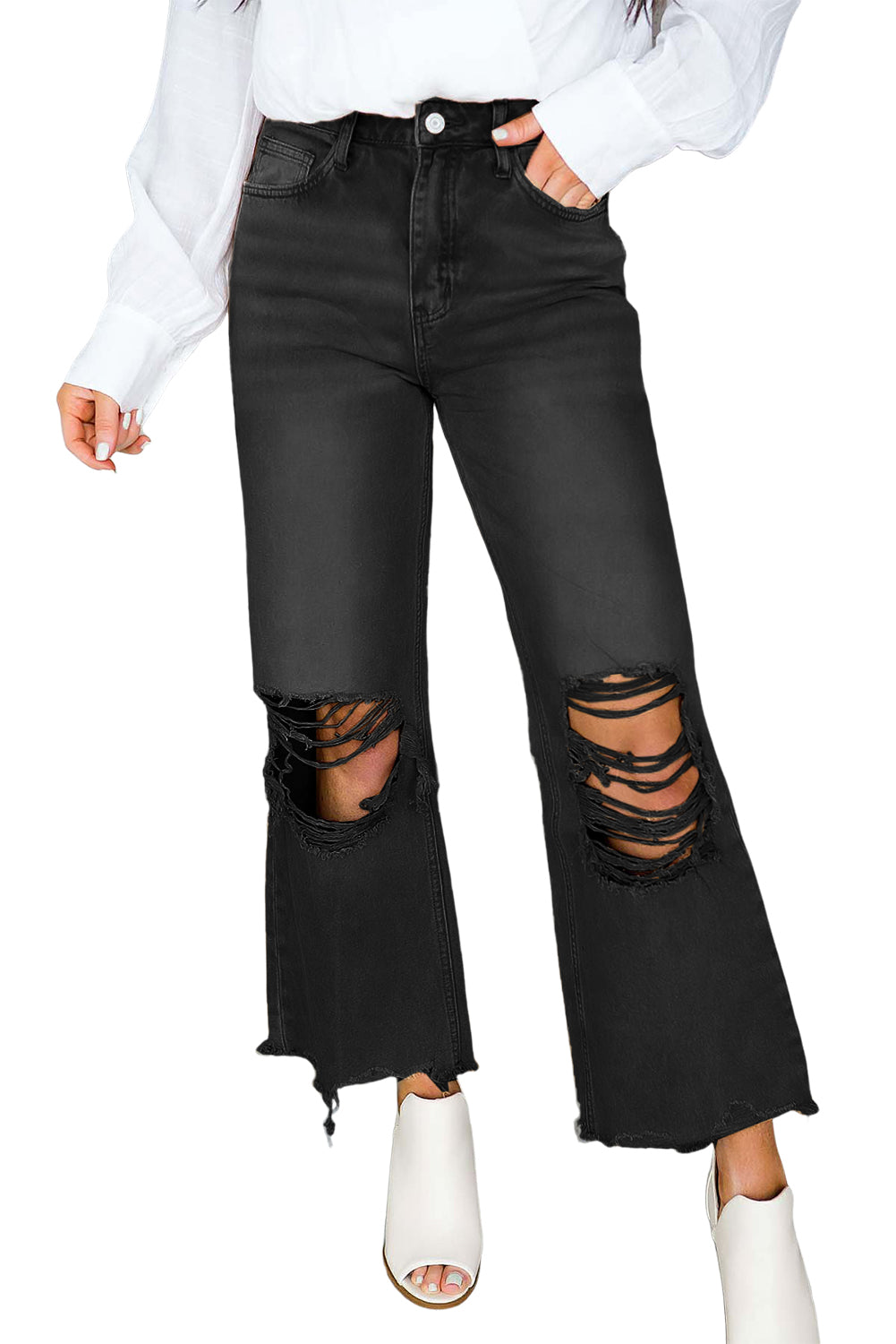 Women’s Denim Pants Black Distressed Hollow-out High Waist Cropped Flare Ripped Jeans