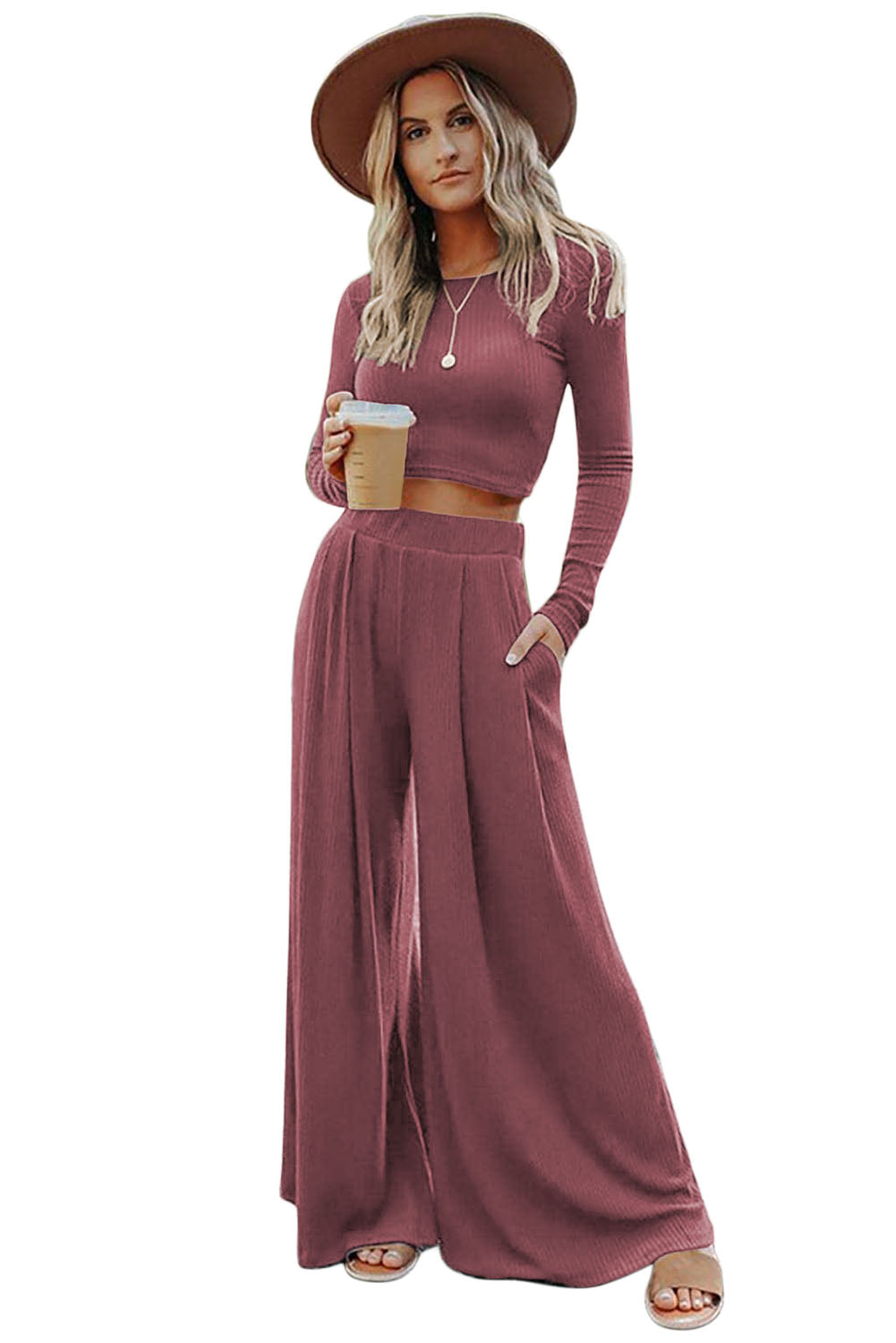 Women’s Fashion Outfit Solid Color Ribbed Crop Top Long float Pants Two Piece Set