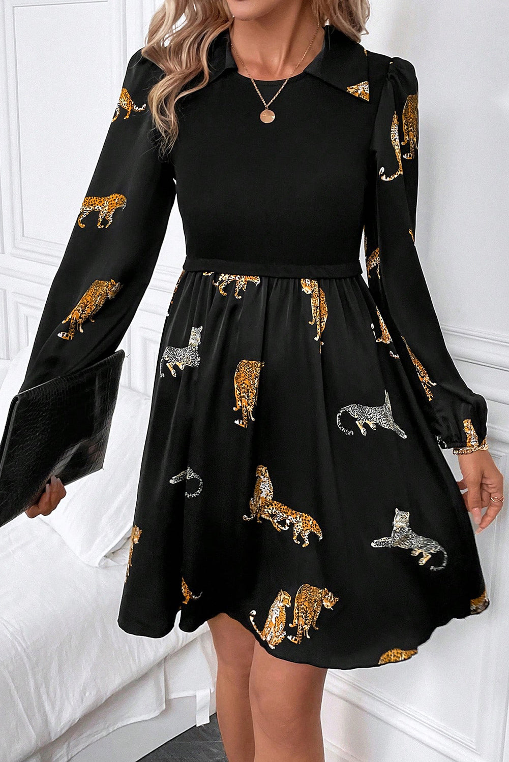 Black Vivid Leopard Print Long Sleeve Swing Dress