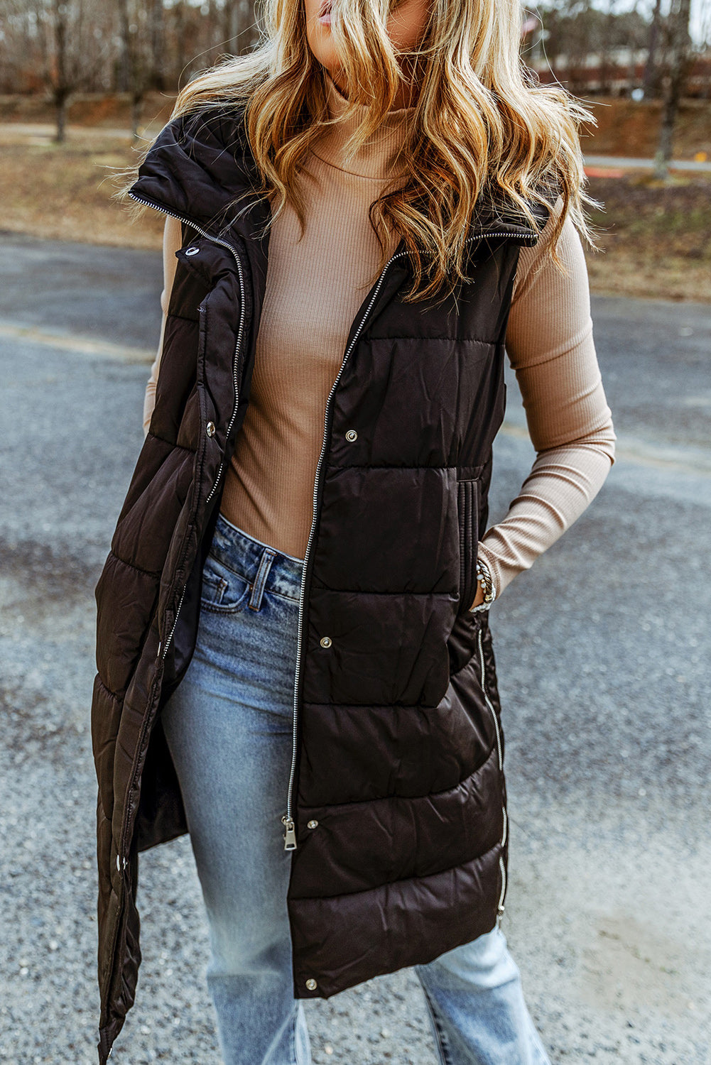 Black Hooded Long Quilted Vest Coat