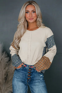 Fashion Sweater Smoke Gray Plaid Patchwork Raw Seam Long Sleeve Top