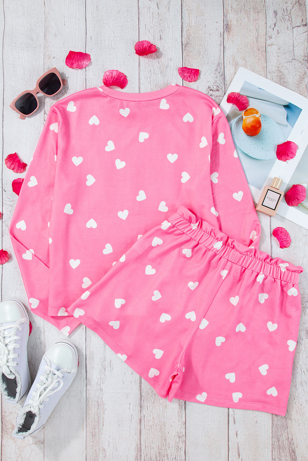 Pink Valentine Heart Print Long Sleeve Tee and Shorts Lounge Set Pajamas