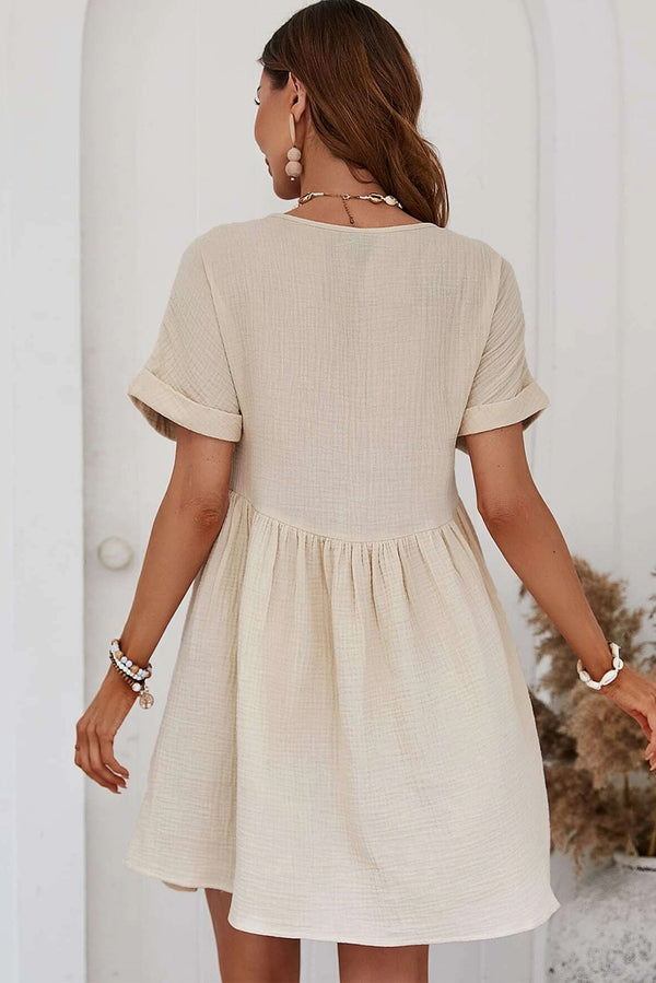 Beige Folded Short Sleeve Lace V Neck Mini Dress