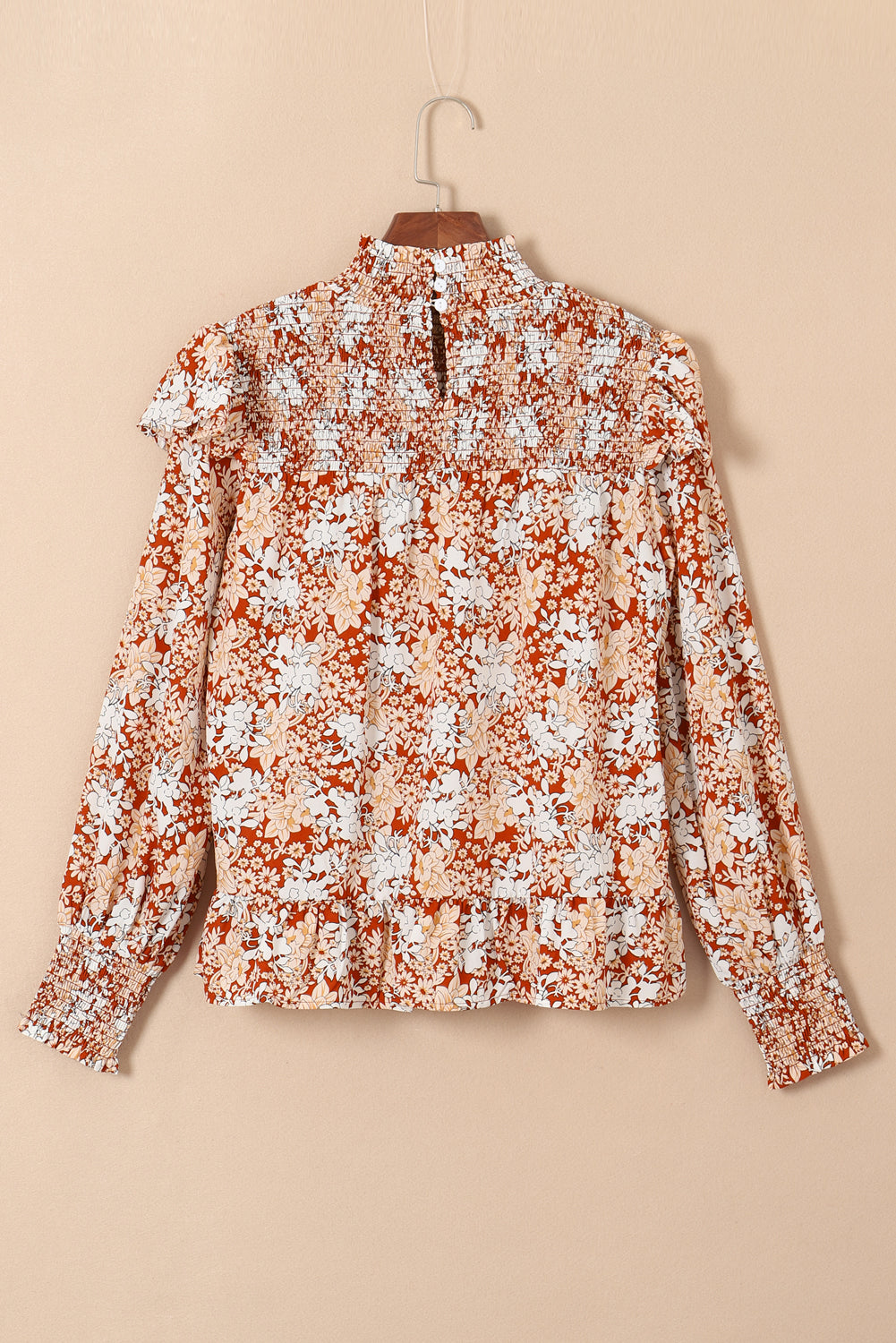 Women's Long Sleeve Shirt Gold Flame Floral Smocked Sleeve High Neck Ruffled Blouse