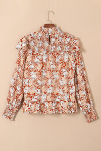 Women's Long Sleeve Shirt Gold Flame Floral Smocked Sleeve High Neck Ruffled Blouse