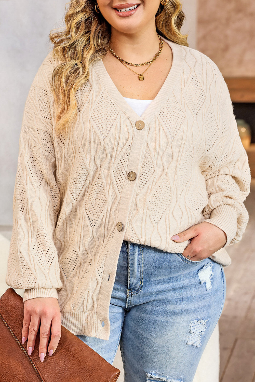 Fashion Open Sweater Apricot Plus Size Knitted Hollow out Button up Cardigan