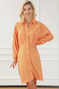 Orange Long Sleeve Short Dress Casual Textured Button Front Cinched Waist Mini