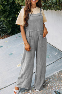 Women’s Gray Textured Wide Leg Overall with Pockets Fashion Jumpsuit  and Rompers